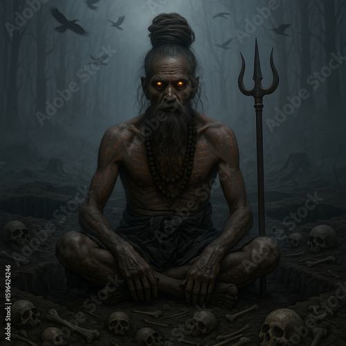 Aghori Sadhu Meditating in Cremation Ground – Dark Spiritual Concept Art.
A haunting digital illustration of an Aghori Sadhu sitting in deep meditation within a cremation ground.