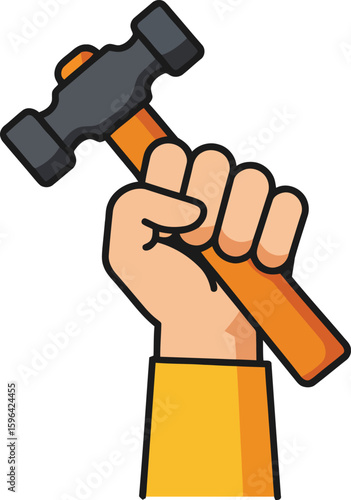 Cartoon Hand Firmly Gripping a BlackHeaded OrangeHandled Hammer.