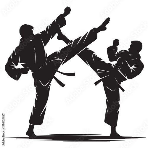 Dynamic silhouette of two martial artists performing high kicks in a karate sparring match against a white background