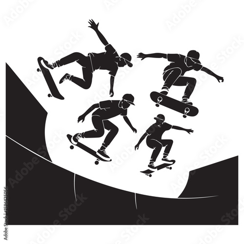 Dynamic silhouettes of skateboarders performing various tricks and stunts on a ramp in black and white
