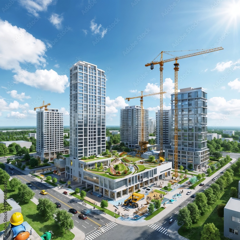 Fototapeta premium Modern urban construction site with tall buildings and cranes