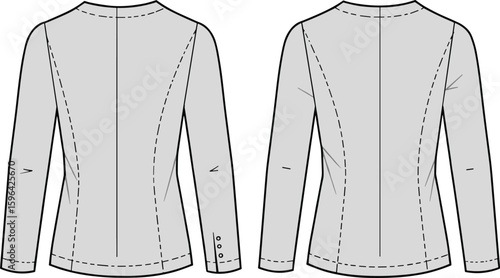 Cad drawing flat vector illustration of back view tailored jacket technical sketch, fashion design, garment pattern, apparel construction template