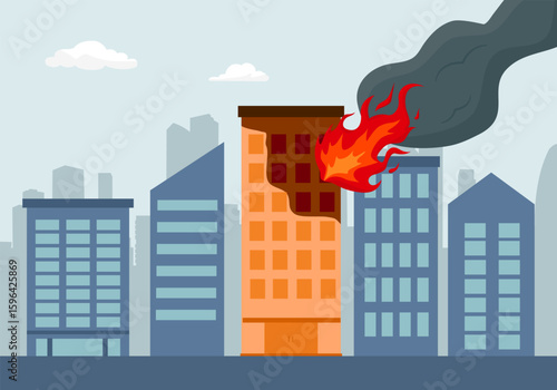 Cartoon apocalyptic city landscape with destroyed building on fire. Cityscape with burn street houses and smoke. Fire in town vector. Illustration of wildfire district, city damage and destroyed fire