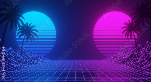 Escape to a vibrant retro world with neon sunsets and digital palms in a mesmerizing 80s landscape