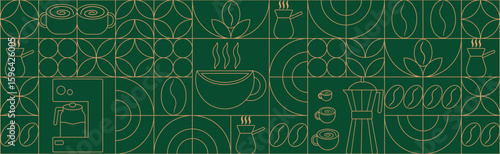 Geometric coffee pattern in minimalist style. Geometric line drawing. Abstract print background with simple shapes for coffee shop, food packaging, cafe wall, menu.