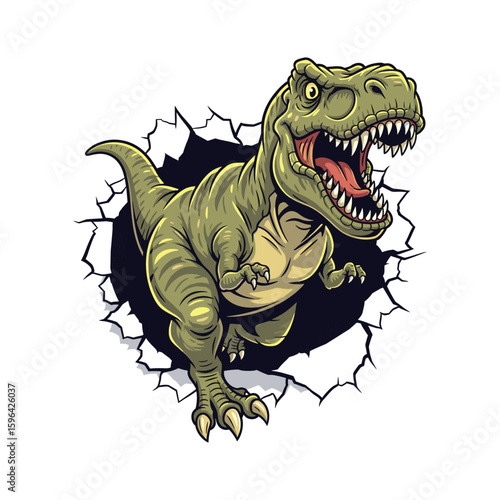 Green T-rex roaring out of torn paper while running isolated on white background