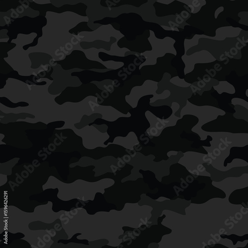 Dark camouflage texture repeat vector background, gray black seamless pattern