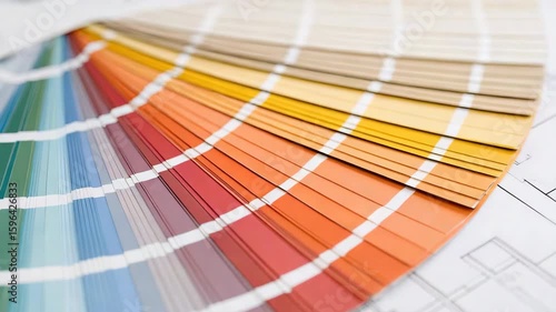 Color swatch fan with vibrant paint samples on architectural blueprint