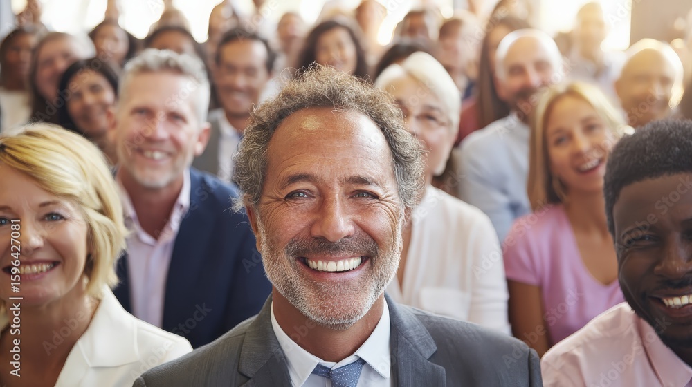 Fototapeta premium A diverse group of professionals smiling warmly, with a middle-aged man in front wearing a suit and tie, suggesting a positive, collaborative business environment.