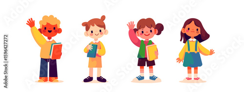 Four cheerful school children holding books and waving. Colorful outfits and smiling faces convey a joyful back to school theme. 