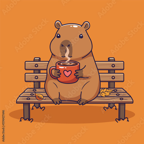 Cute Capybara Enjoying a Warm Drink on a Bench. vector illustration