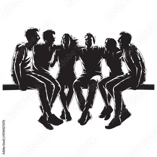 Silhouette of a diverse group of six young men sitting together on a bench with arms around each other in unity and friendship