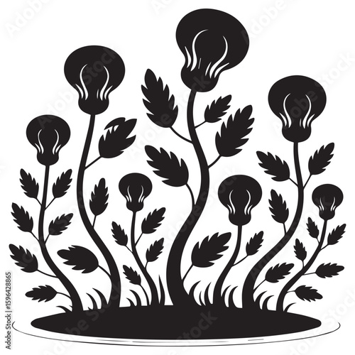 Silhouette of light bulbs growing like flowers on stems with leaves in a whimsical garden concept symbolizing ideas and innovation