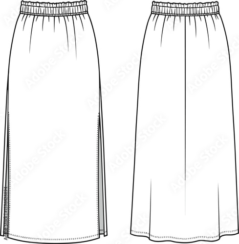 Cad drawing flat vector illustration, fashion sketch, long skirt design, elastic waistband, side slit, technical drawing, apparel template, back view