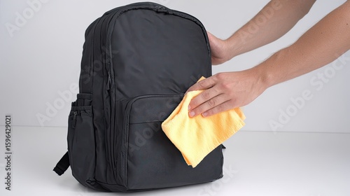 Person Cleaning Black Backpack with Yellow Cloth