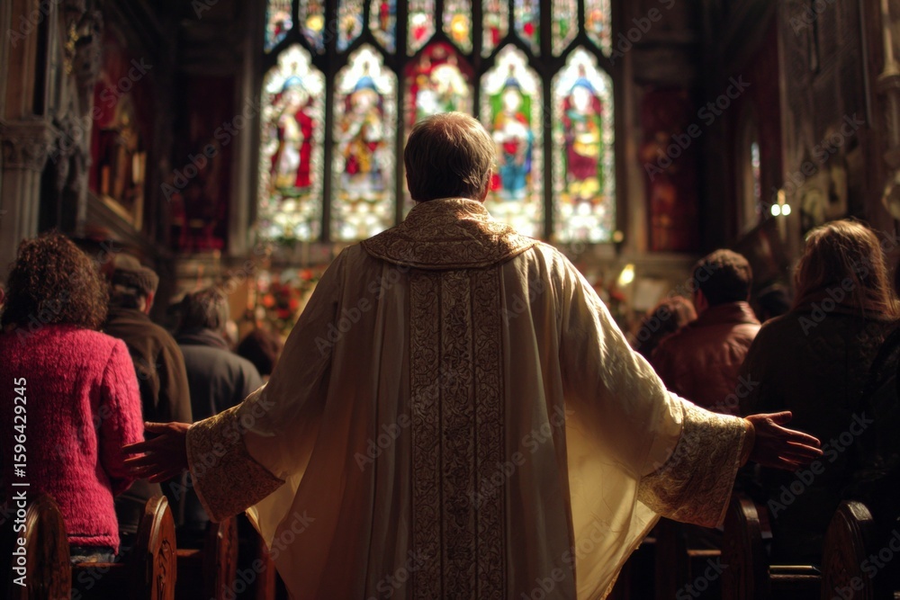 Naklejka premium Colorful light and unity: a priest and congregation in a vibrant church setting. Holy inspiration. Embracing faith and renewal in the pncc church on a day of celebration. Sacrament day.