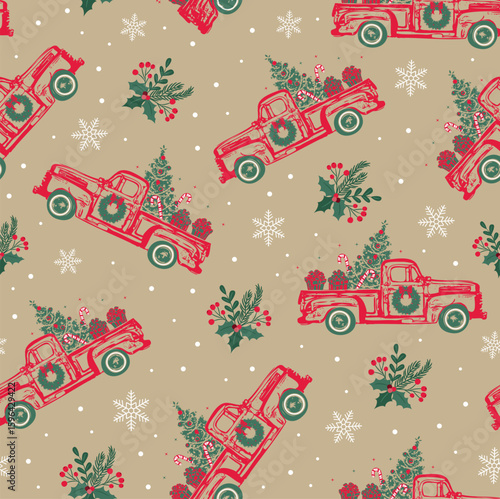 Seamless Pattern of Christmas Vintage Red Truck, Christmas Tree, Snowflakes, with Gifts and Candy cane. Christmas Holly Leaves-  Christmas Red truck Vector Illustration
