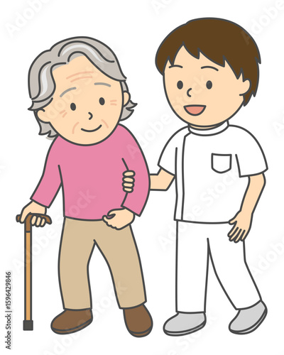 リハビリをする杖をついたシニア女性と腕を支える男性理学療法士