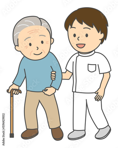 リハビリをする杖をついたシニア男性と腕を支える男性理学療法士
