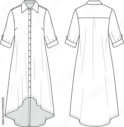 CAD Drawing, Flat Vector Illustration, High-Low Hem Shirt Dress, Women's Apparel Design, Fashion Technical Sketch, Button Down,