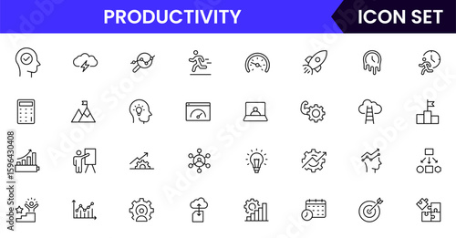 Productivity vector web line icon collection, sleek illustrations of tasks, clocks, calendars, efficiency tools for streamlined, effective designs.