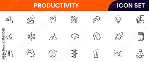 Productivity vector web line icon collection, sleek illustrations of tasks, clocks, calendars, efficiency tools for streamlined, effective designs.