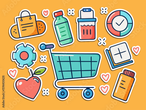 Colorful Sticker Style Illustration of Shopping Cart and Various Items on Yellow Background