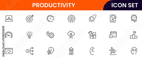 Productivity vector web line icon collection, sleek illustrations of tasks, clocks, calendars, efficiency tools for streamlined, effective designs.
