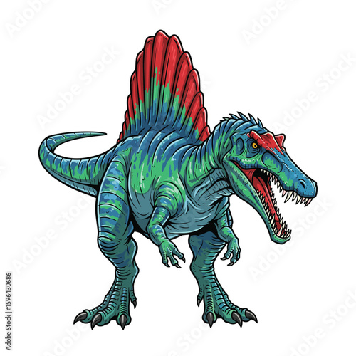 A fierce green Spinosaurus stands isolated on a white background