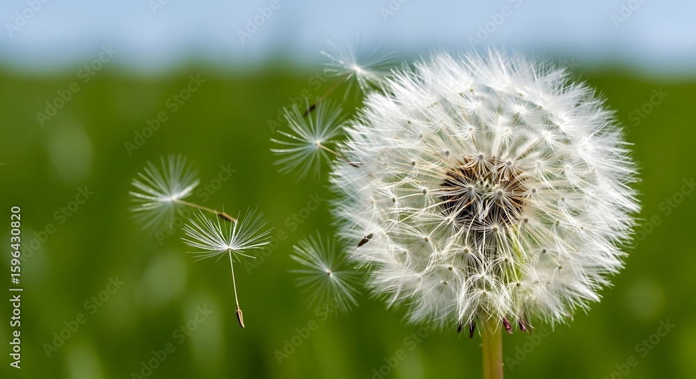 Fototapeta premium Serene dandelion seed head with delicate seeds dispersing in gentle breeze, vibrant green background.