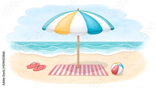 Beach umbrella with striped towel flip flops and beach ball by the ocean
