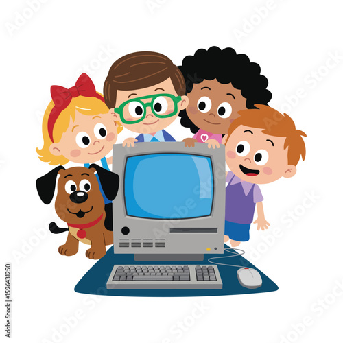 Diverse children and dog gathered around vintage computer