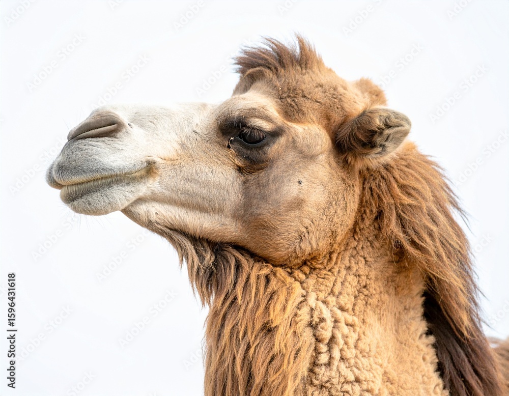 Fototapeta premium Cinematic portrait of a camel, slightly off-center, against an expansive, pure white void. The lighting should evoke a sense of vastness and mystery, with subtle shadows defining its form. Consider a 