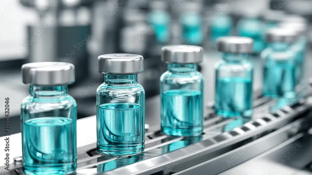 Precision filling of small glass bottles with a luminous blue liquid on an industrial conveyor. Precision filling of small glass bottles with a luminous blue liquid on an industrial conveyor.