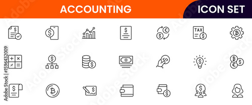Vector line icon collection highlighting accounting elements such as calculators, charts, invoices, money, and reports ideal for finance, bookkeeping, and business platforms.
