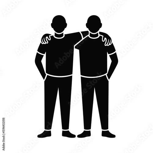 Two friends standing together silhouette isolated on white background