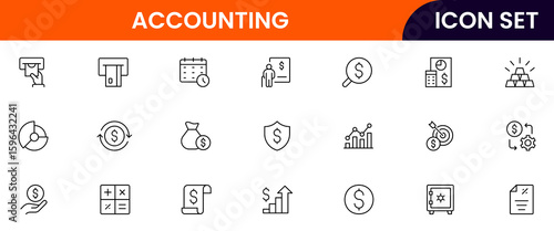 Vector line icon collection highlighting accounting elements such as calculators, charts, invoices, money, and reports ideal for finance, bookkeeping, and business platforms.