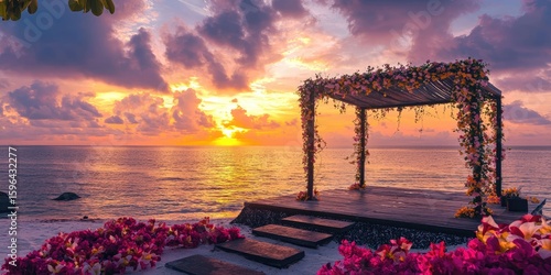 Fototapeta Naklejka Na Ścianę i Meble -  Romantic Maldives island escape with floral dÃ©cor and sunset