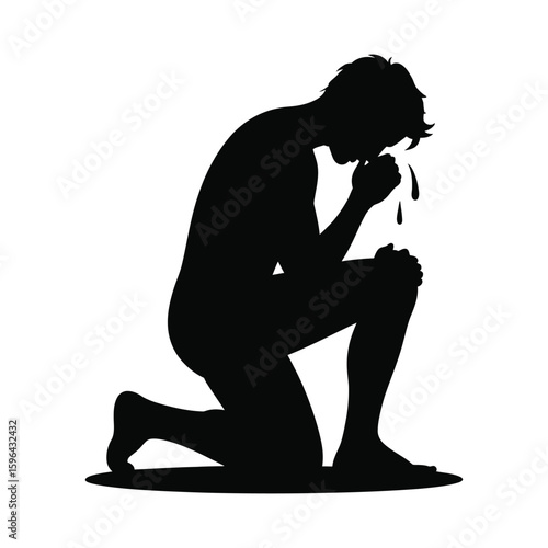 Silhouette of a person praying on knees isolated on white background