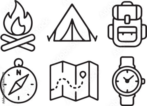 Vector art of camping icons fire, tent, backpack, compass, map, watch