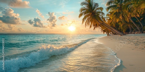 Fototapeta Naklejka Na Ścianę i Meble -  Serene Maldives morning with gentle waves, palm trees, and sun