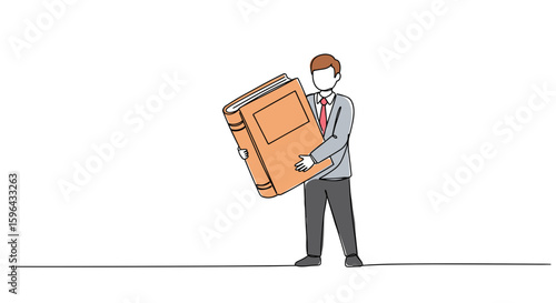 back to school theme Modern illustration teacher holding giant textbook  — one line doodle drawing with watercolor fill, minimalistic vector illustration on white background