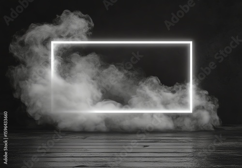 A glowing neon rectangular frame floats amidst thick, swirling white smoke on a dark wooden floor and black background.