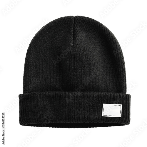 A sleek, black knit beanie is displayed against a solid black backdrop in minimalist style.