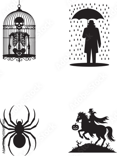 Horror, Icon, Set, Halloween, Spooky, Skeleton, Spider, Headless, vector, silhouette
