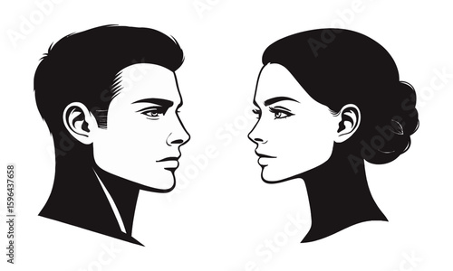 Male and female face profile vector in side view silhouette style

