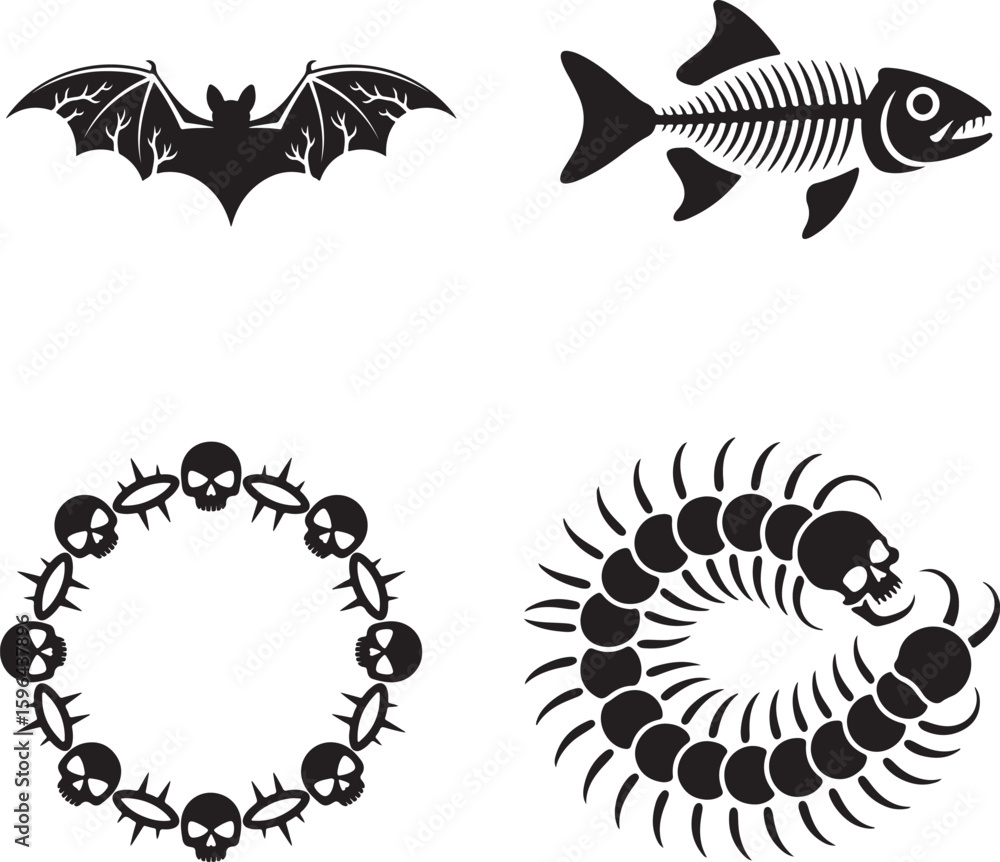 Obraz premium Skeleton, Icon, Set, Horror, Halloween, Monster, Bat, Skull, vector, silhouette
