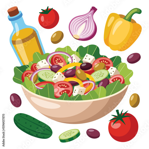 Fresh greek salad ingredients with olive oil bottle