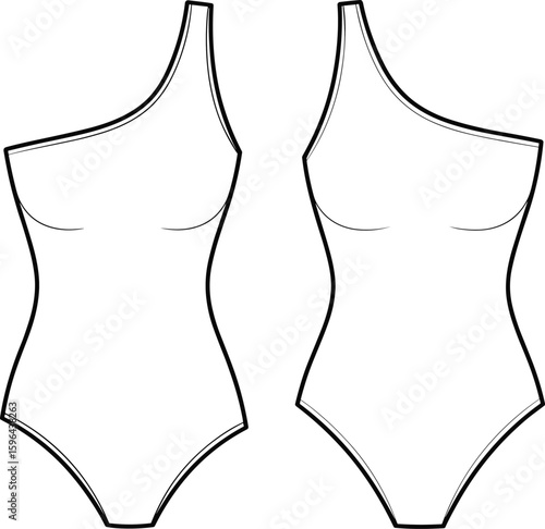 One shoulder bodysuit technical flat sketch, asymmetrical women’s fashion garment design, minimalist swimsuit outline, cad drawing flat vector illustration