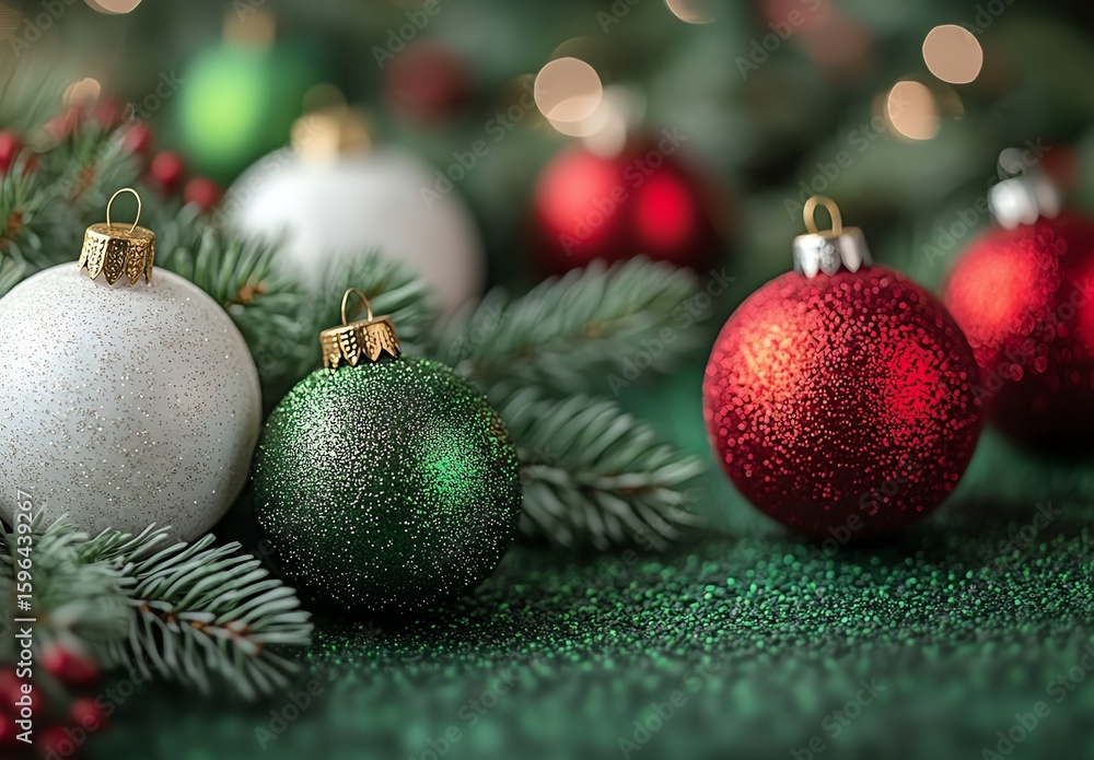 Fototapeta premium Festive ornaments with greenery and bokeh background.